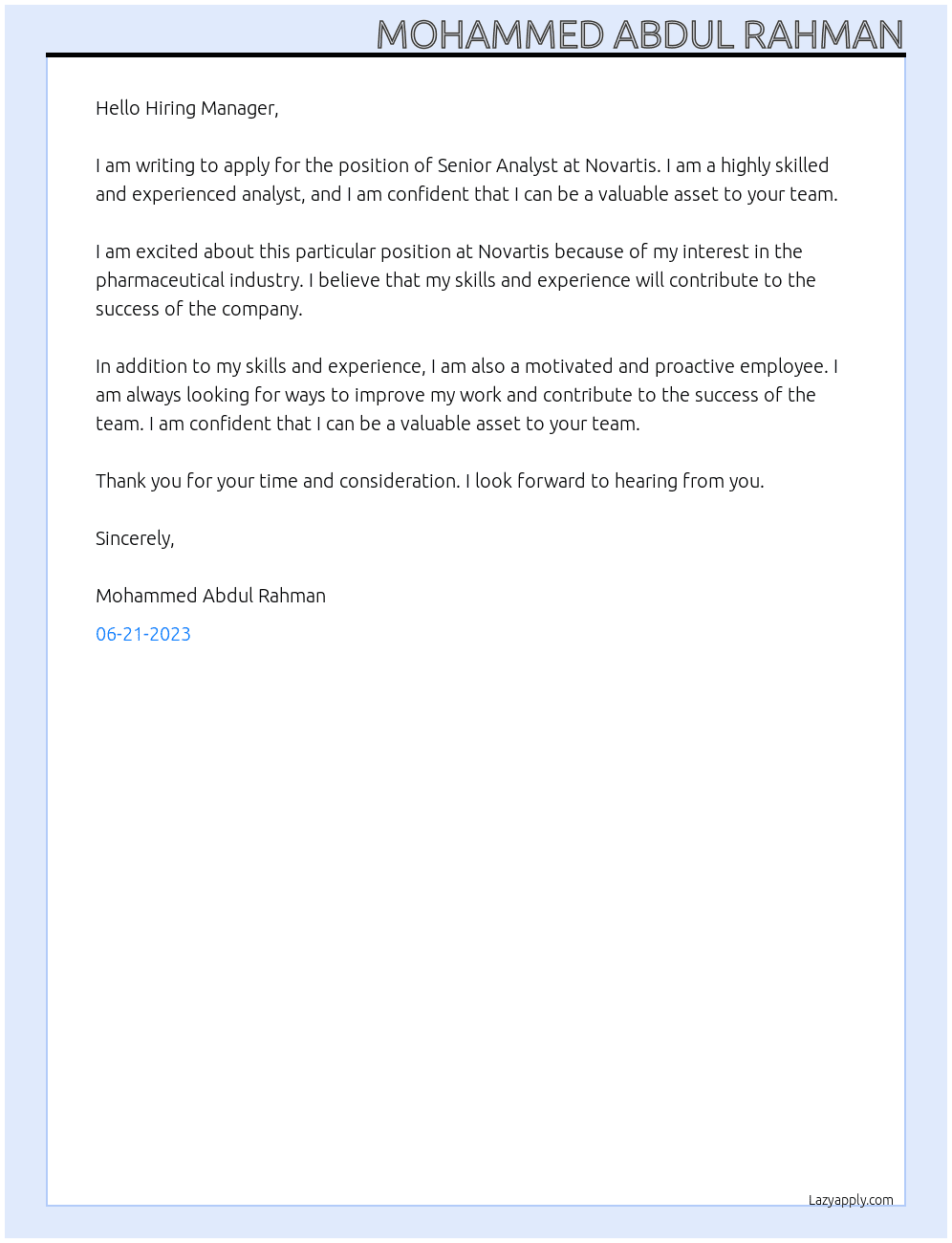 Senior Analyst At Novartis Cover Letter