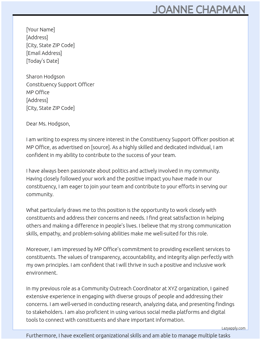 Constituency support officer  At MP office Cover Letter