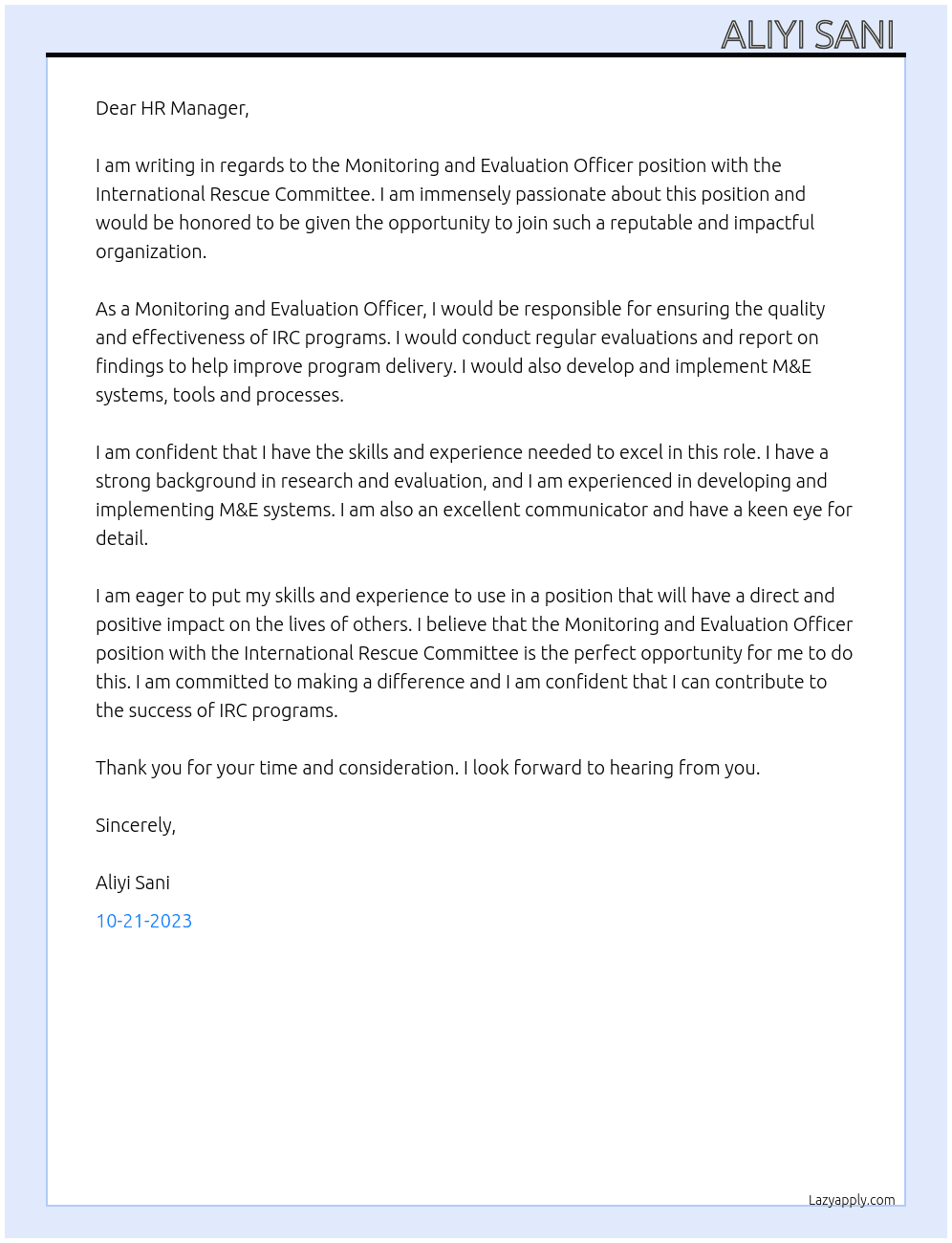 Monitoring and Evaluation Officer  At International Rescue Committee  Cover Letter