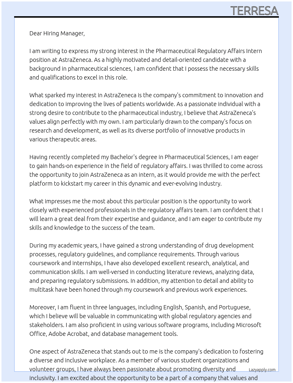 Pharmaceutical regulatory affairs intern At AstraZeneca Cover Letter