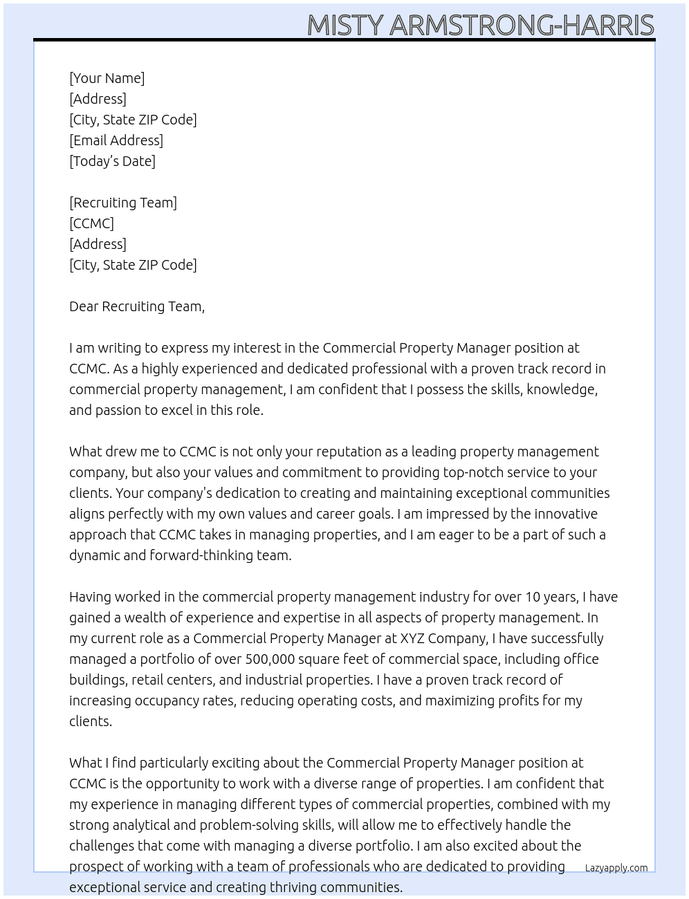 Commercial Property Manager At CCMC Cover Letter