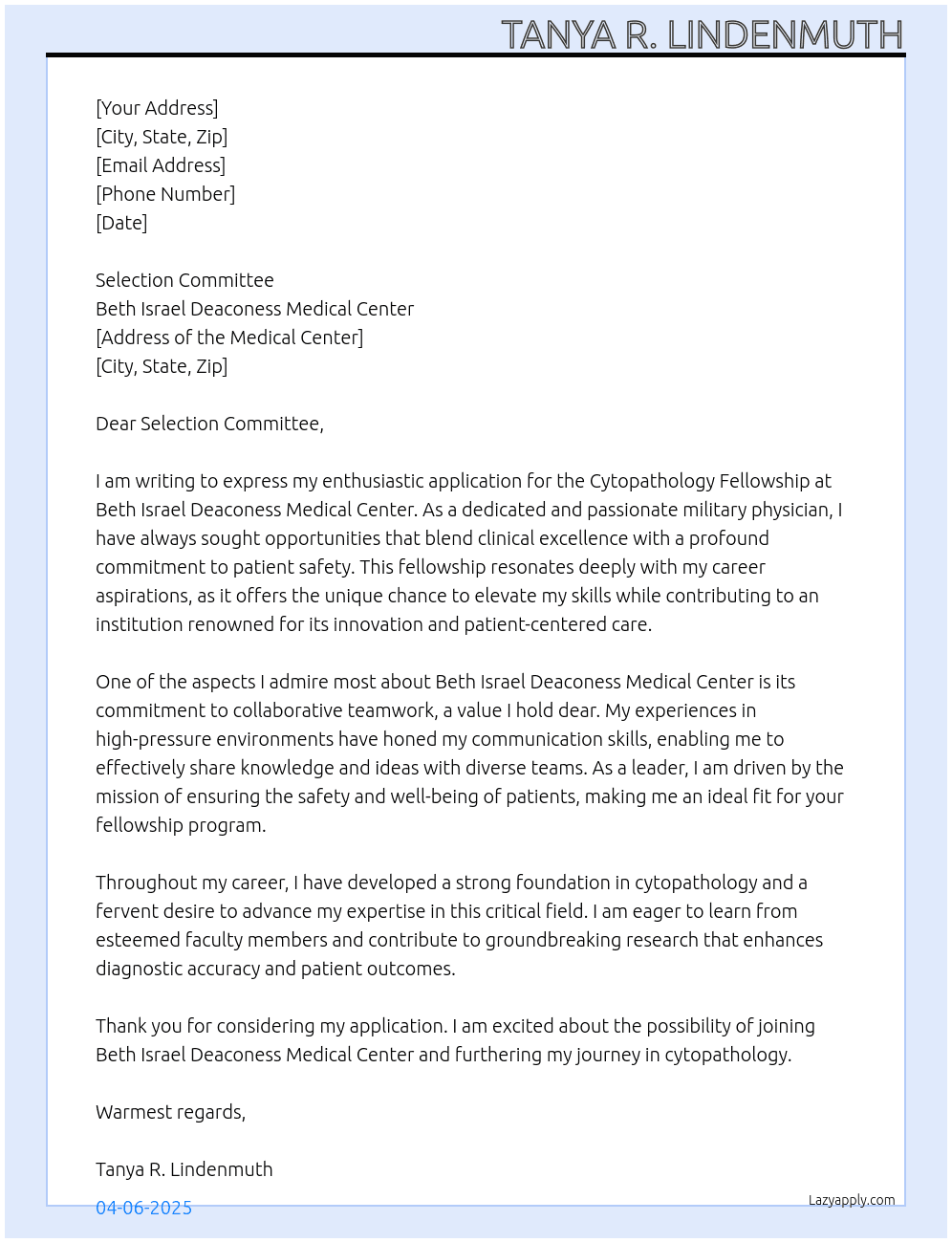 Cytopathology Fellowship At Beth Israel Deaconess Medical Center Cover Letter