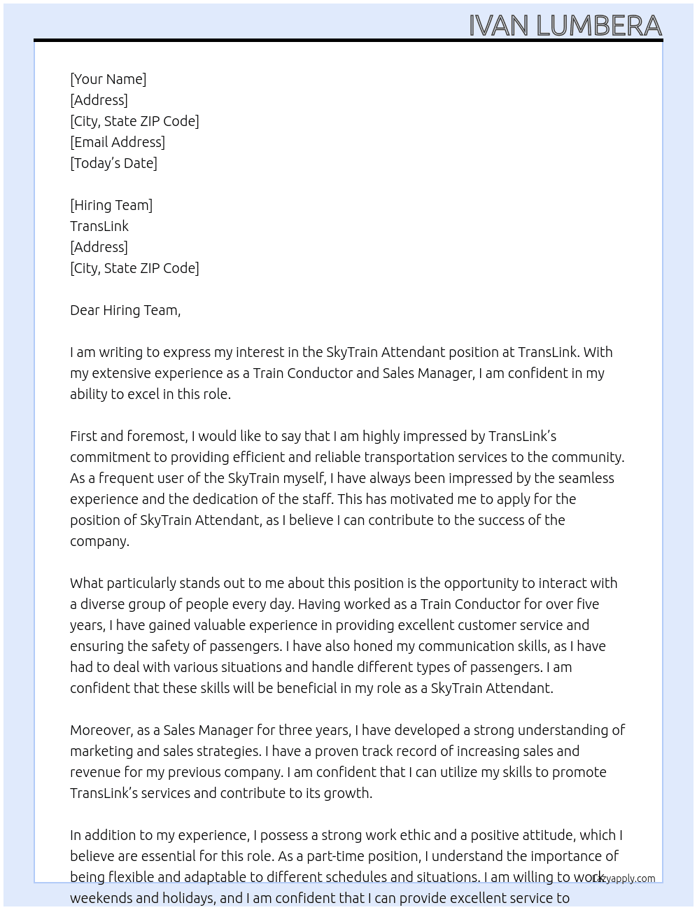 SkyTrain Attendant At TransLink Cover Letter