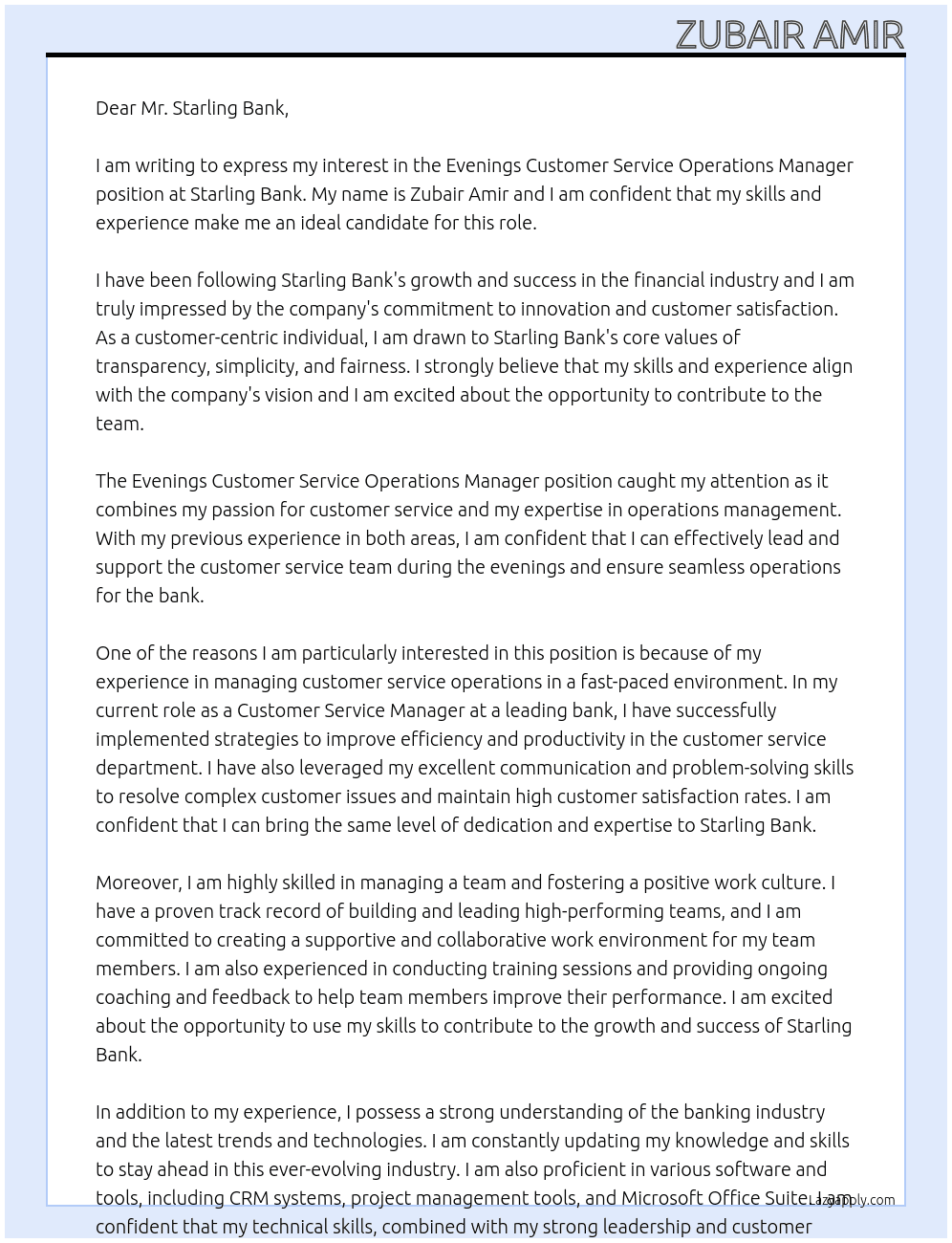 Evenings Customer Service Operations Manager At Starling Bank  Cover Letter
