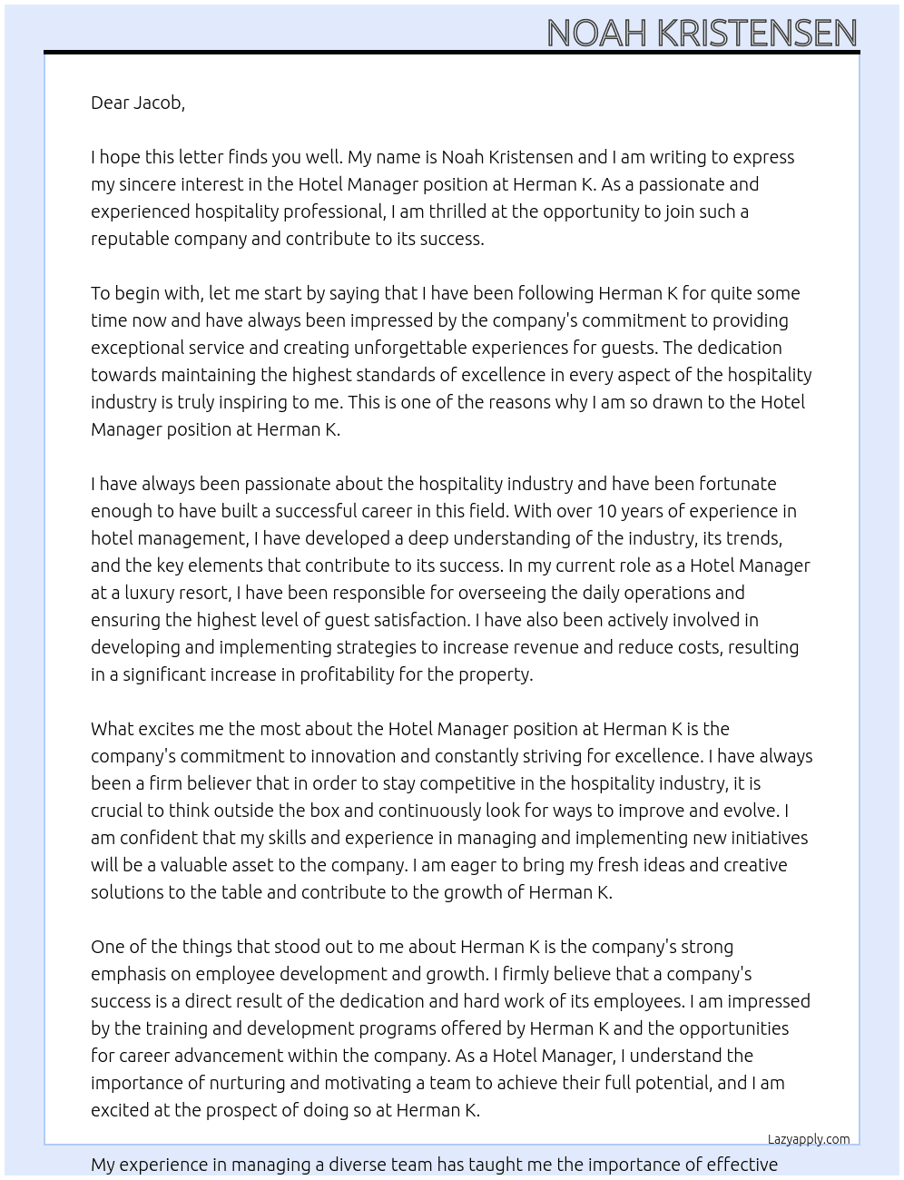 Hotel Manager At Herman K Cover Letter