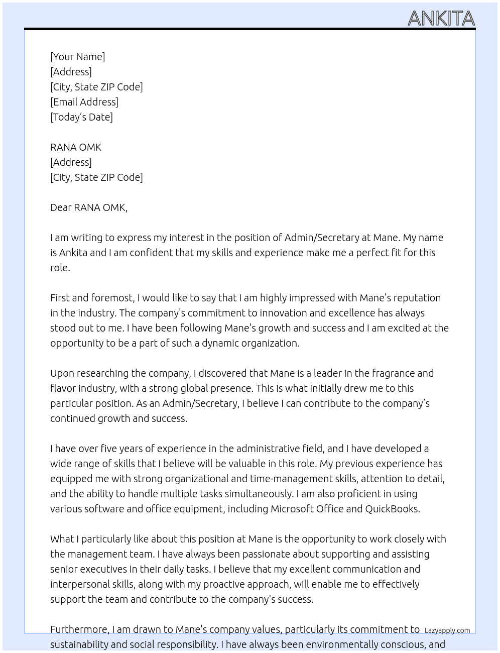 Admin / Secretary At Mane Cover Letter