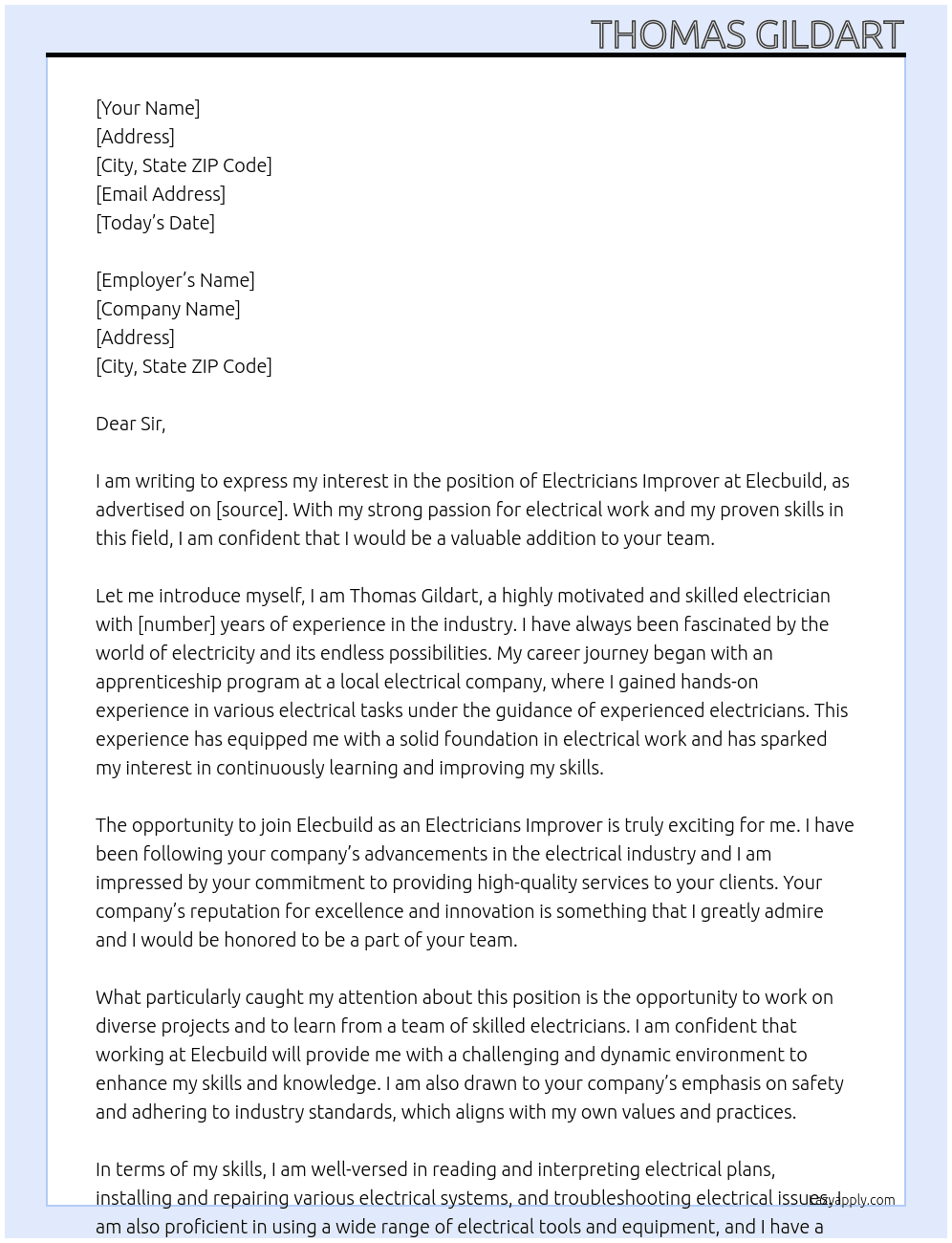 Electricians improver At Elecbuild Cover Letter