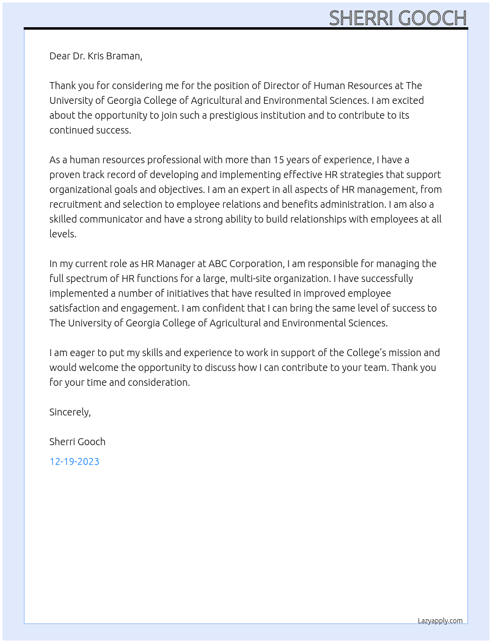 Director of Human Resource At The University of Georgia College of Agricultural and Environmental Sciences  Cover Letter