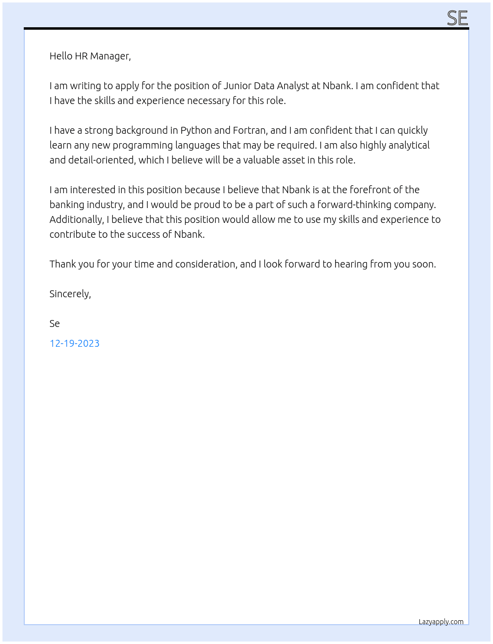 Junior data analyst  At Nbank Cover Letter