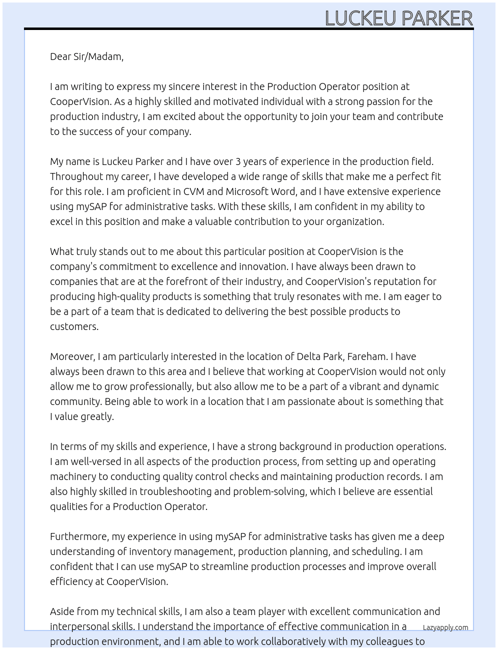 Production Operator At CooperVision  Cover Letter