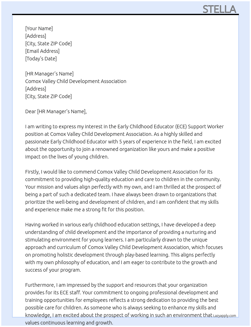  Early Childhood Educator (ECE) Support Worker At Comox Valley Child Development Association Cover Letter