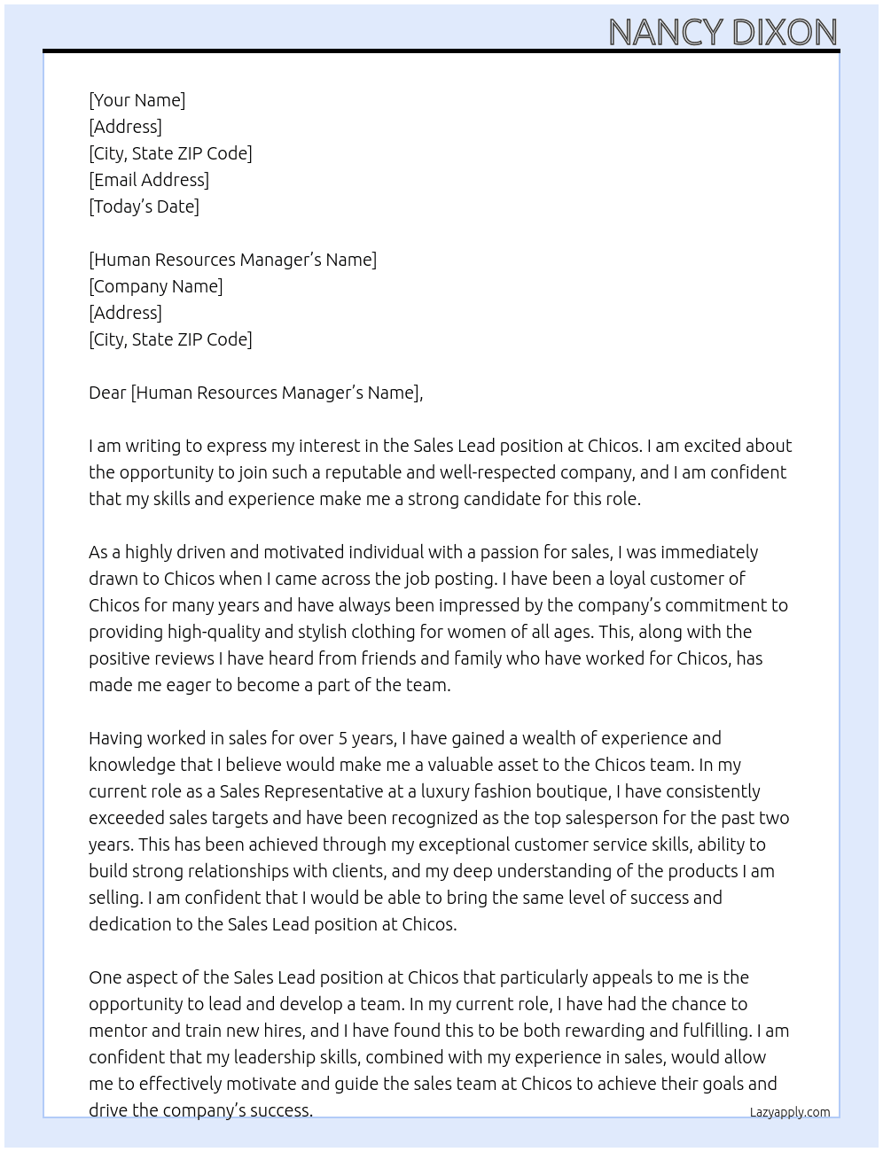 Sales Lead At Chicos Cover Letter