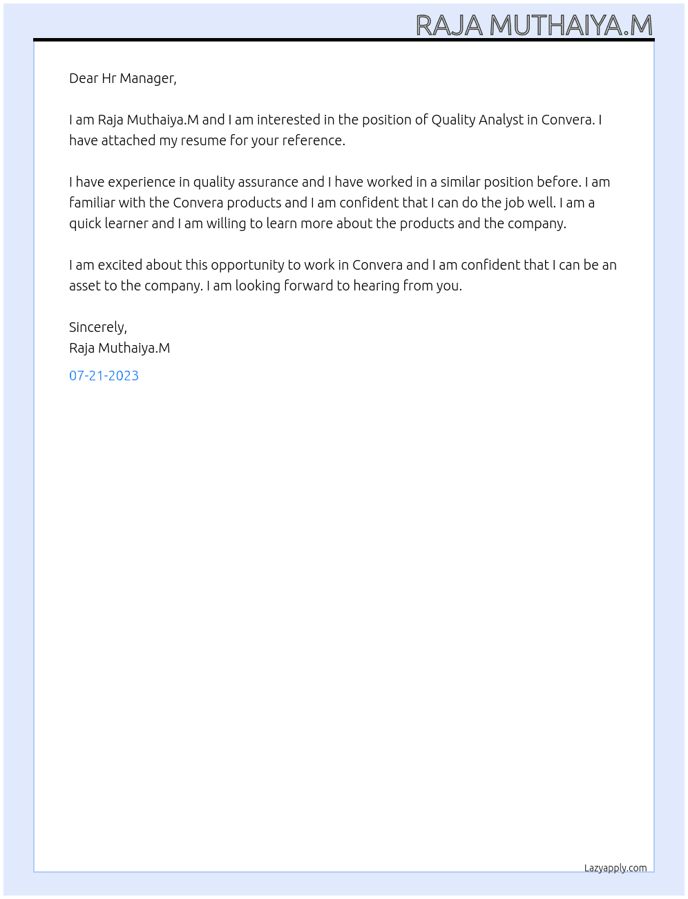 Quality Analyst  At Convera Cover Letter