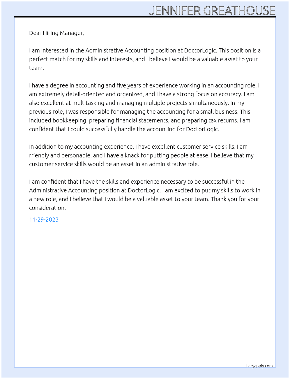 Administrative Accounting At DoctorLogic Cover Letter