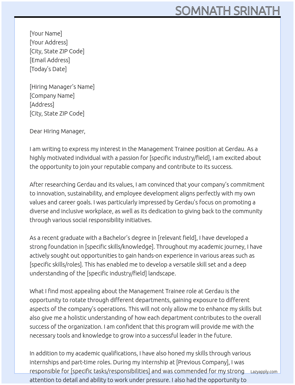 Management Trainee At Gerdau Cover Letter