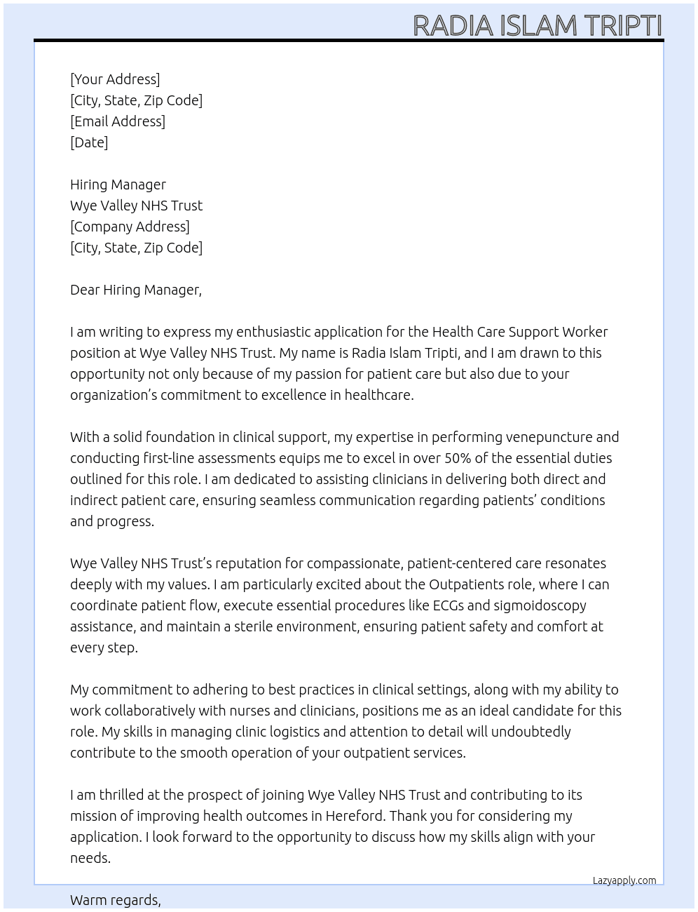 Health Care Support Worker  At Waye Valley NHS Trust  Cover Letter