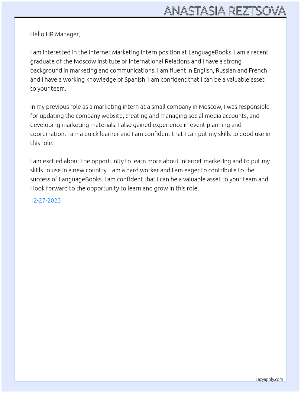 Internet Marketing Intern At LanguageBooks Cover Letter