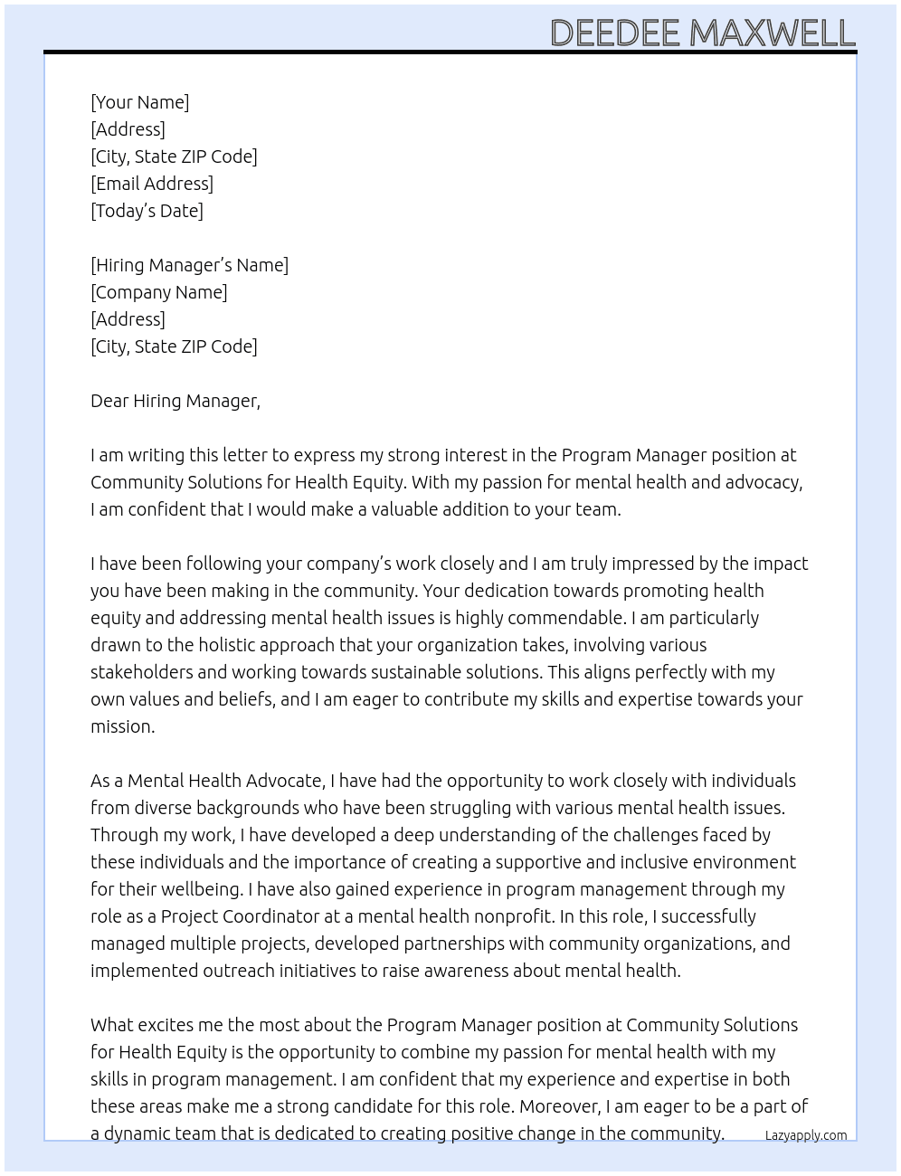 Program manager  At Community solutions for health equity  Cover Letter