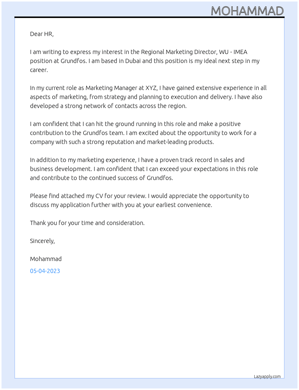 Regional Marketing Director, WU - IMEA At Grundfos  Cover Letter