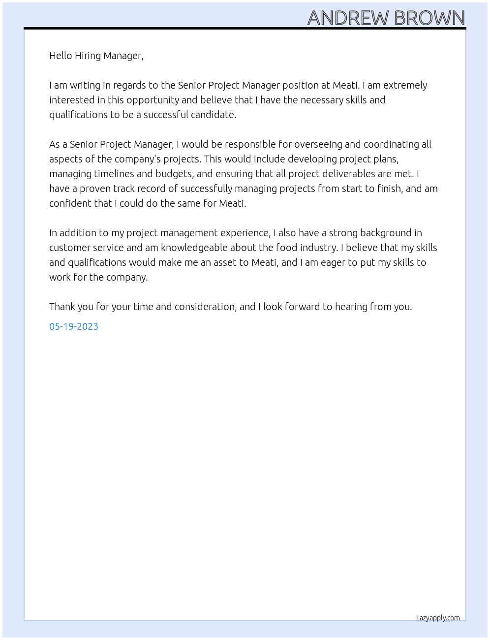 Senior Project Manager At Meati Cover Letter