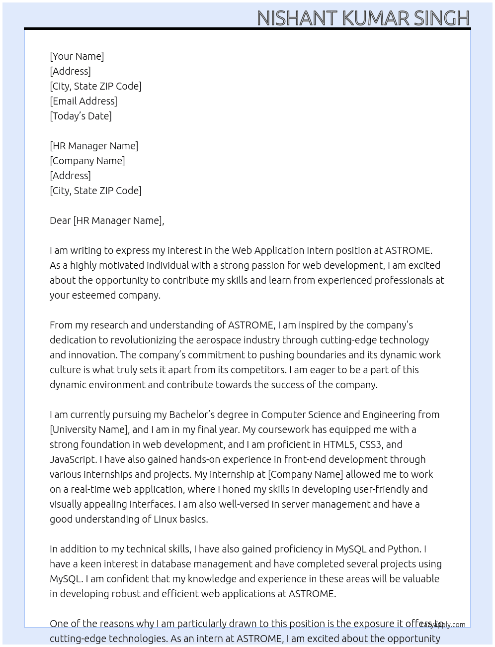 Web Application Intern At ASTROME Cover Letter
