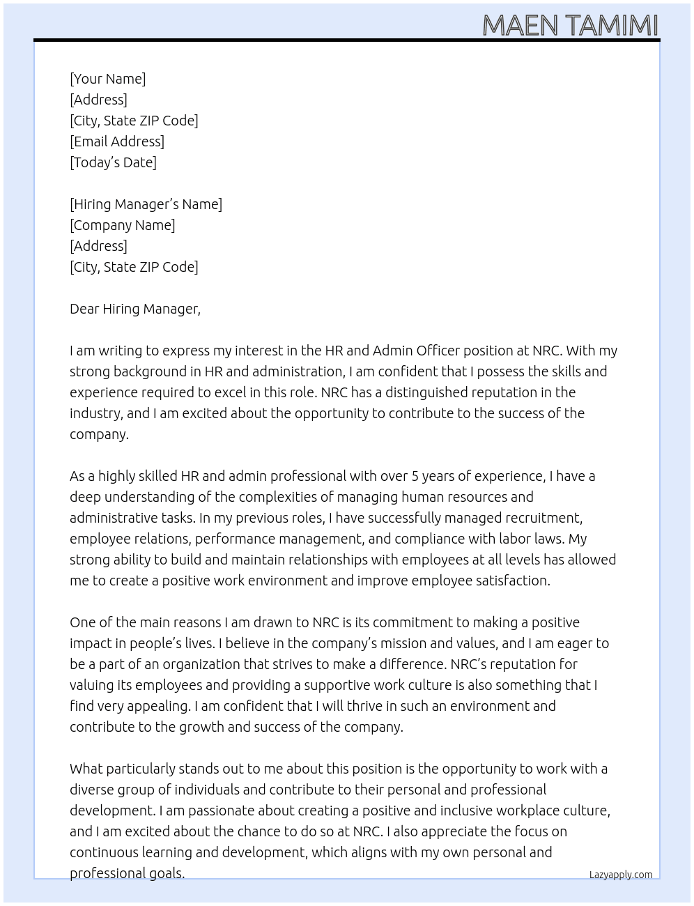 HR and Admin officer At NRC Cover Letter