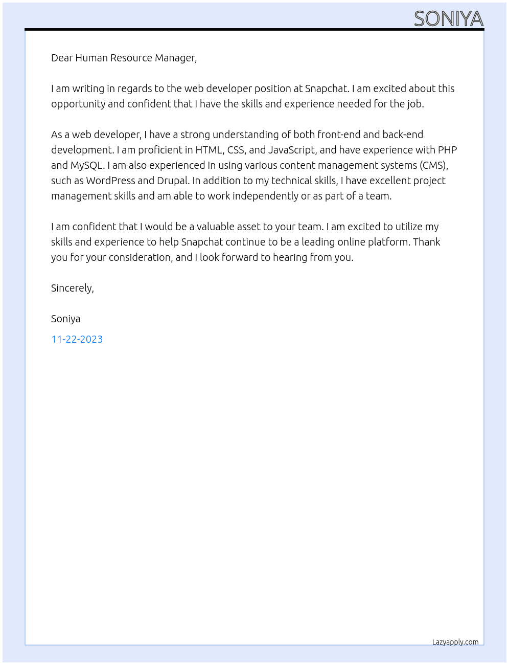 Web developer At Snapchat Cover Letter