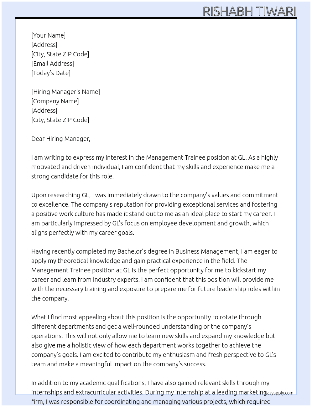 Management Trainee  At GL Cover Letter