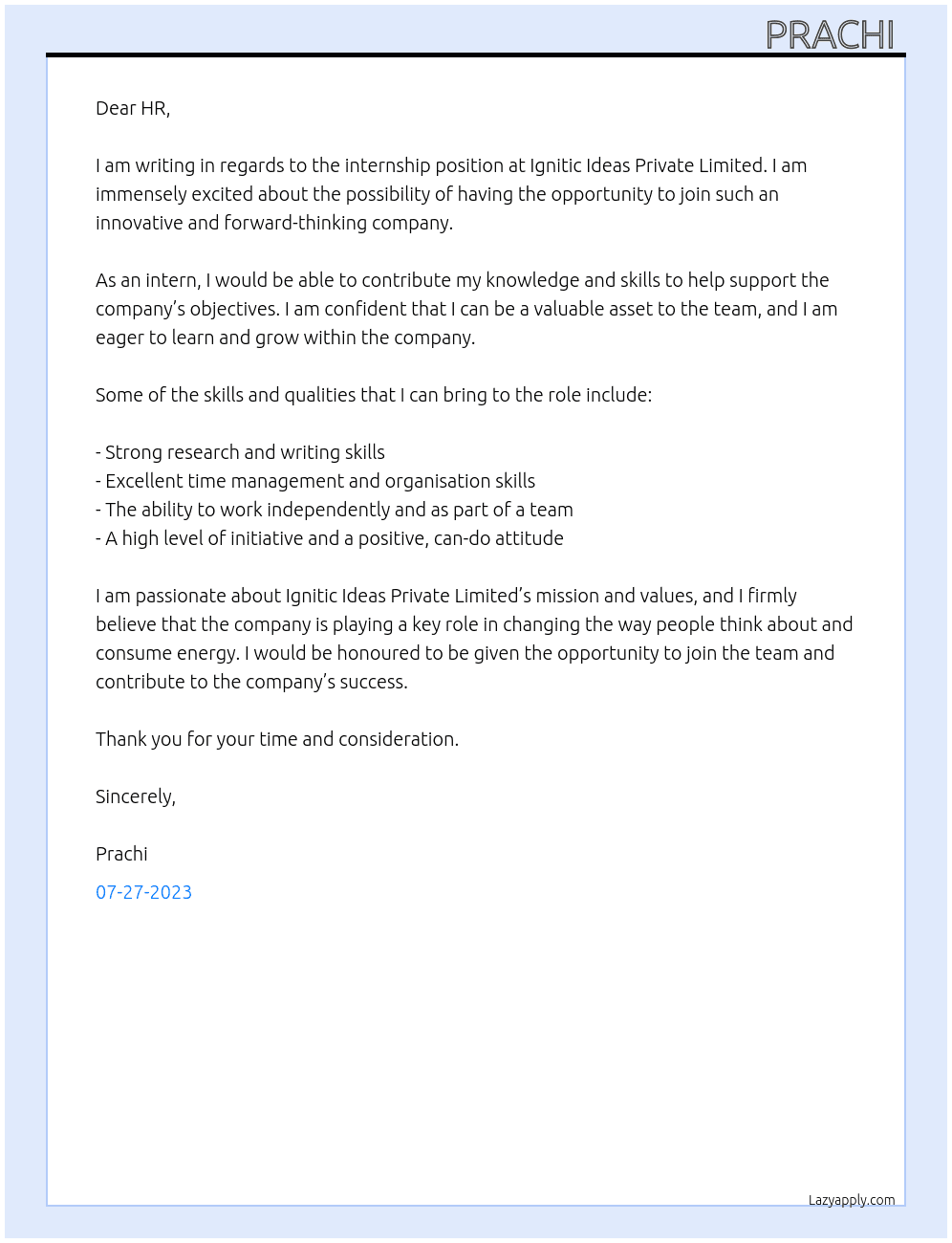 internship At Ignitic Ideas Private Limited Cover Letter