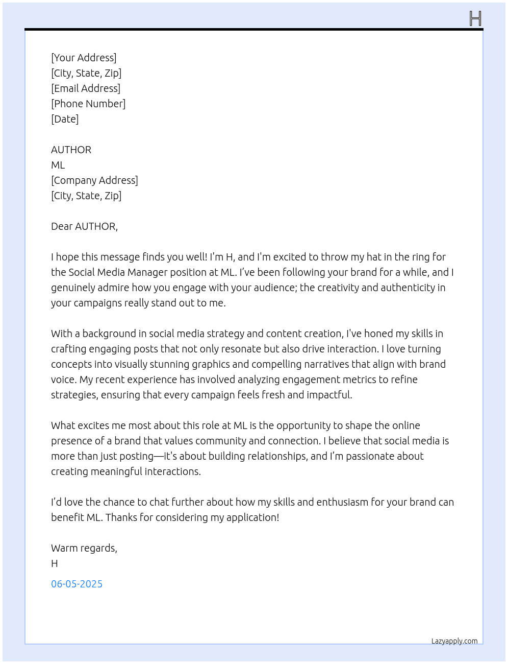 Social Media Manager At ML Cover Letter