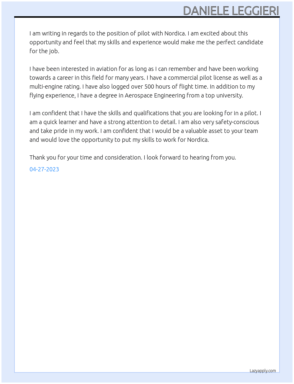 Pilot At Nordica Cover Letter