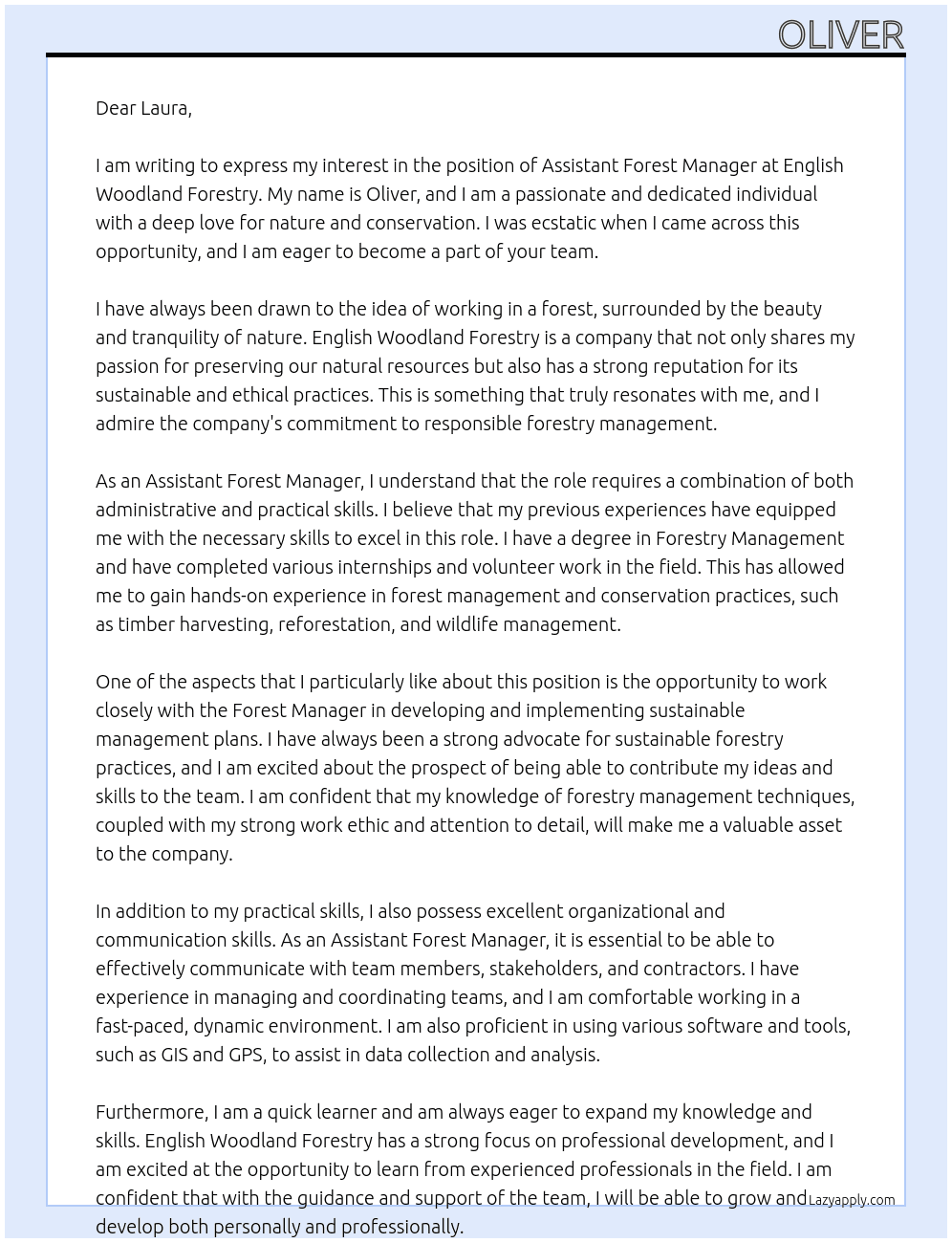 Assistant Forest Manager At English Woodland Forestry  Cover Letter