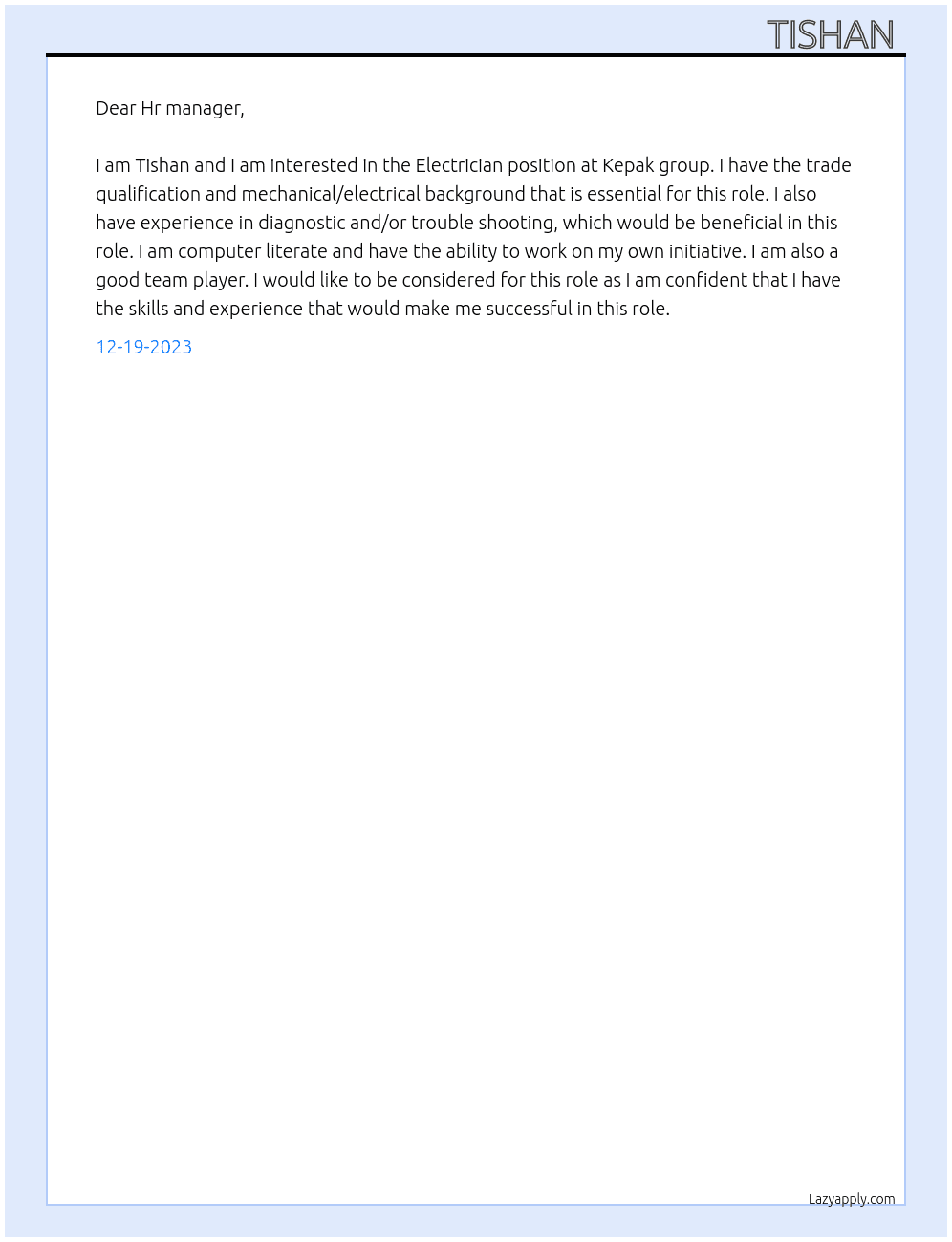 Electrician At Kepak group Cover Letter
