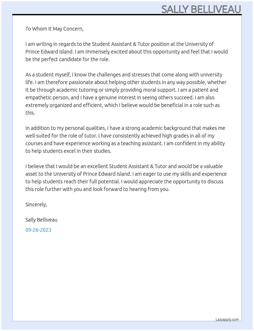 Student Assistant & Tutor  At University of Prince Edward Island  Cover Letter