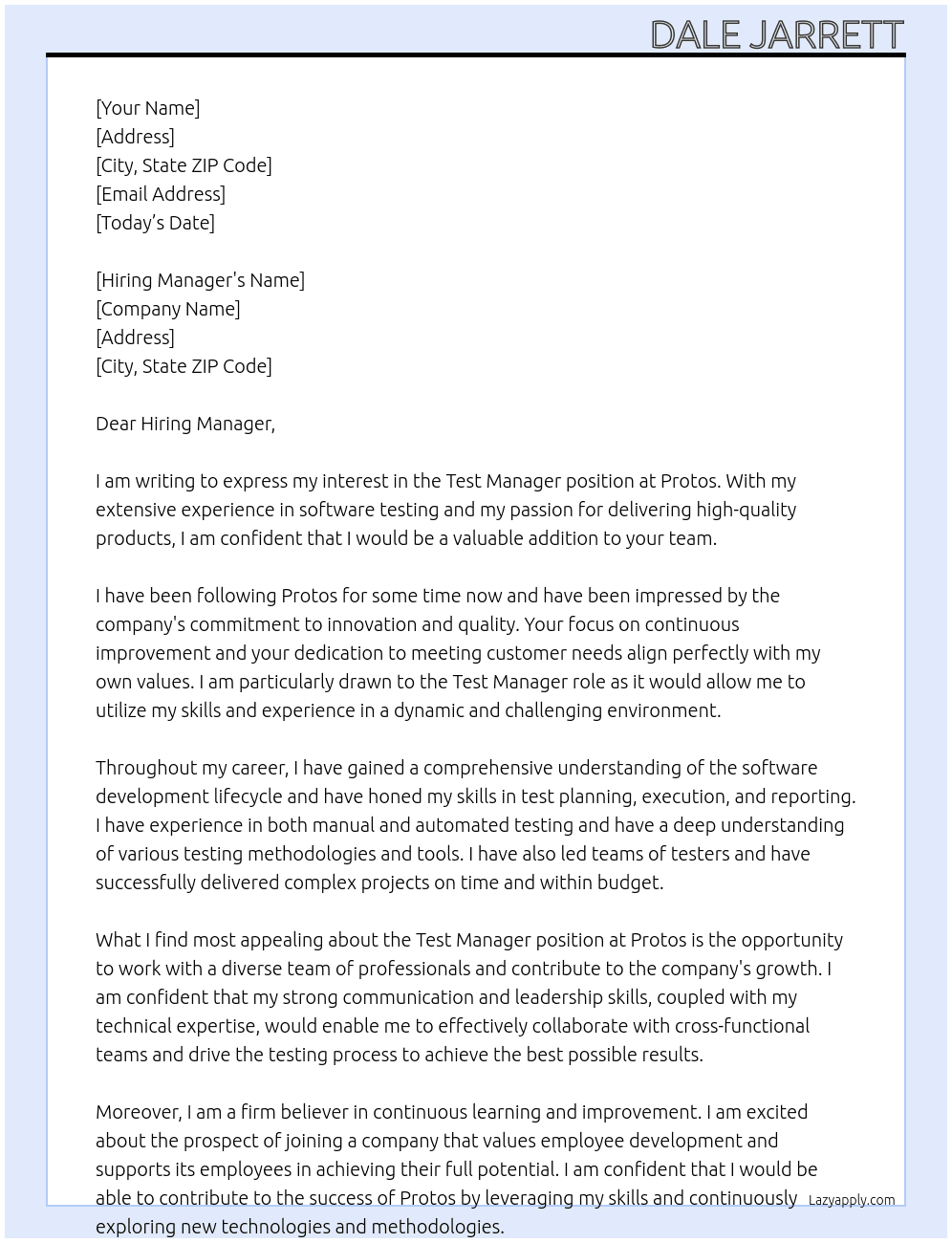 Test Manager At Protos Cover Letter