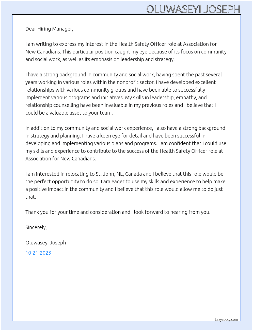 Health Safety Officer  At Association for New Canadians Cover Letter