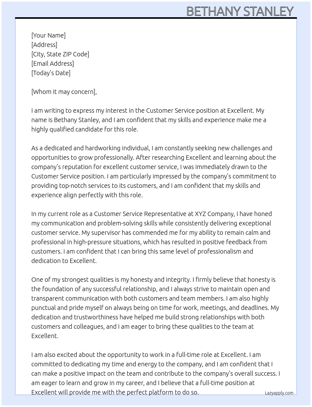 Customer service  At Excellent  Cover Letter