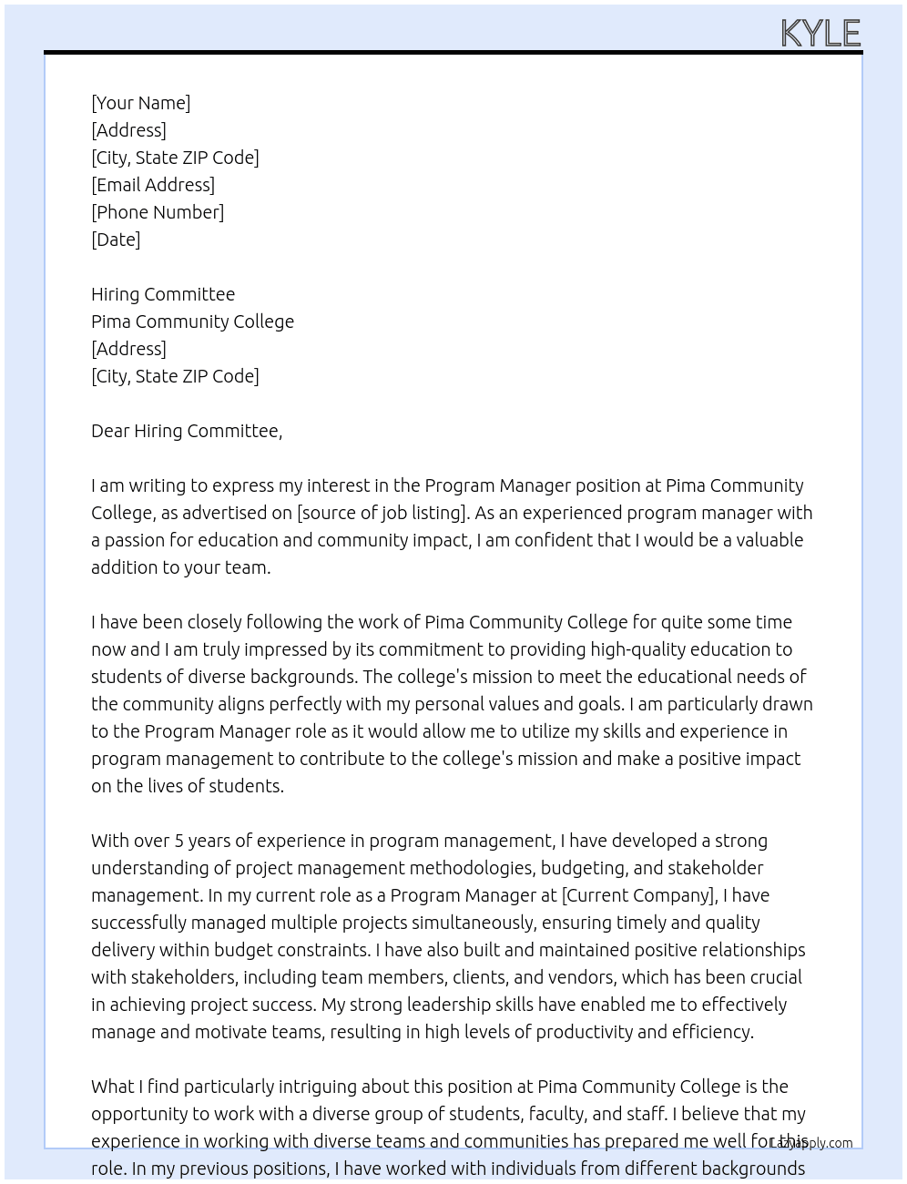 Program Manager At Pima Community College Cover Letter