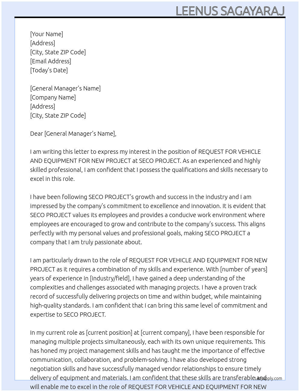 REQUEST FOR VEHICLE AND EQUIPMENT FOR NEW PROJECT At SECO PROJECT Cover Letter