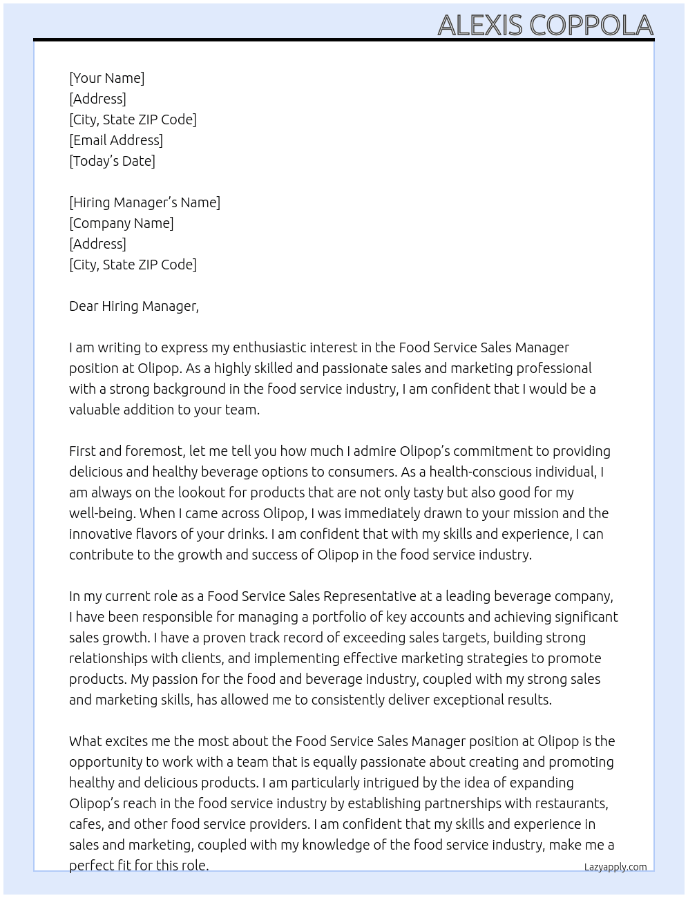 Food Service Sales Manager At Olipop Cover Letter