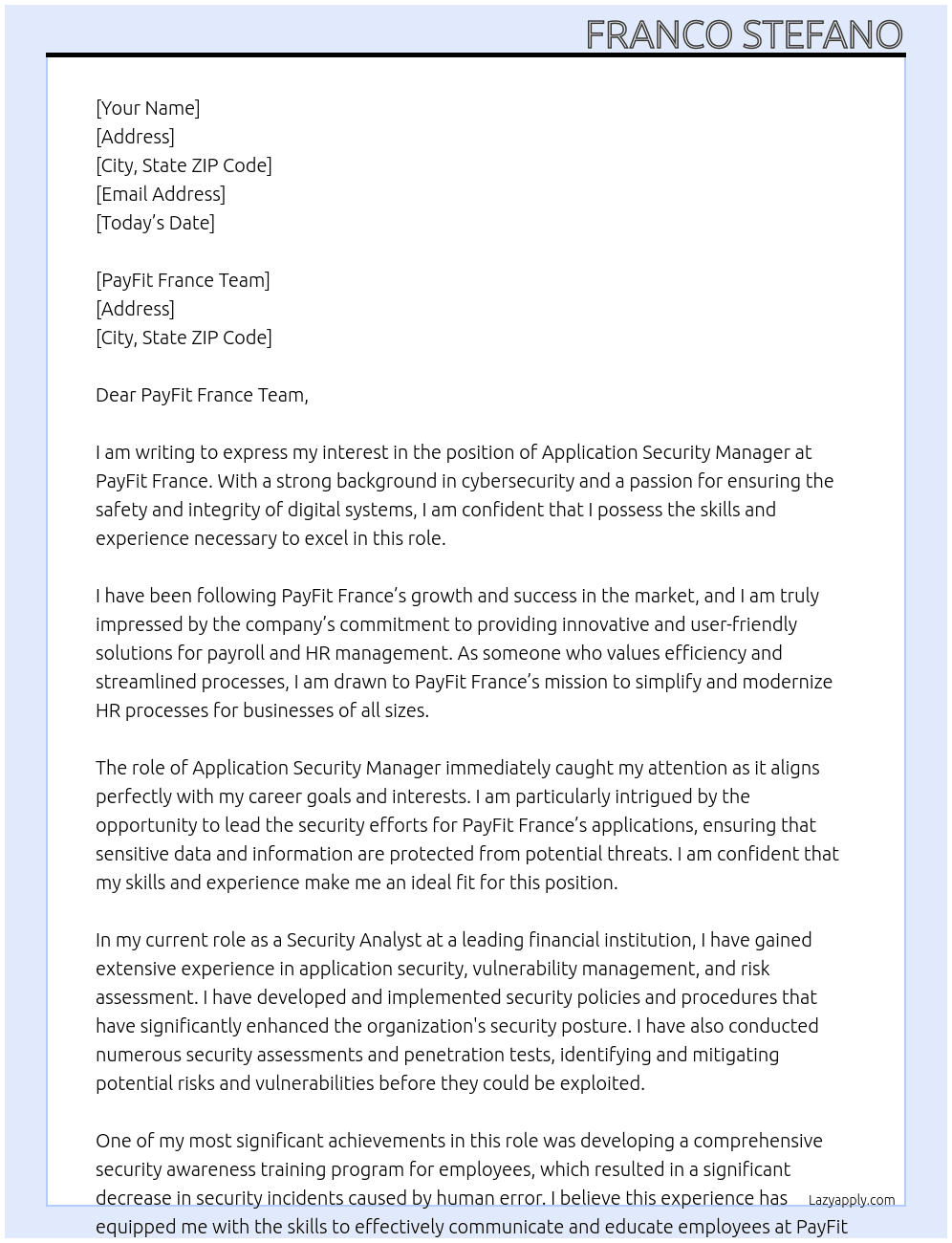 Application Security Manager At PayFit France Cover Letter