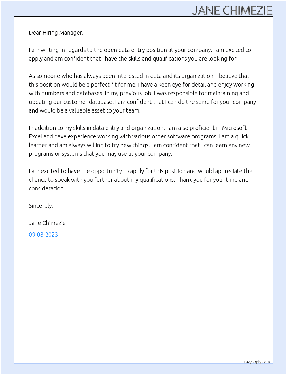 Data entry At Data entry and Correction Cover Letter
