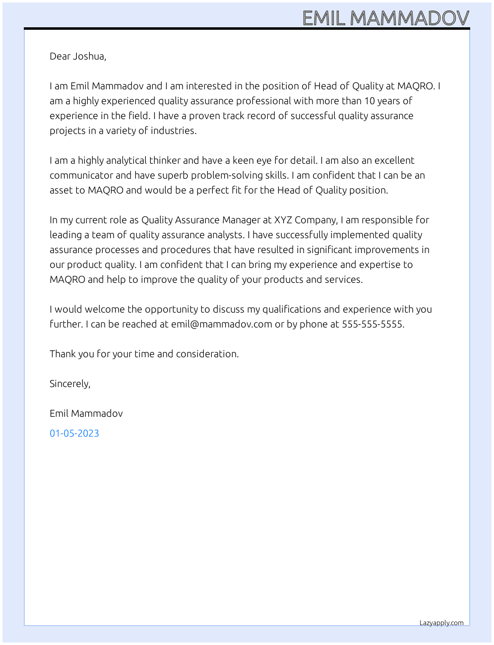 HEAD OF QUALITY At MAQRO Cover Letter