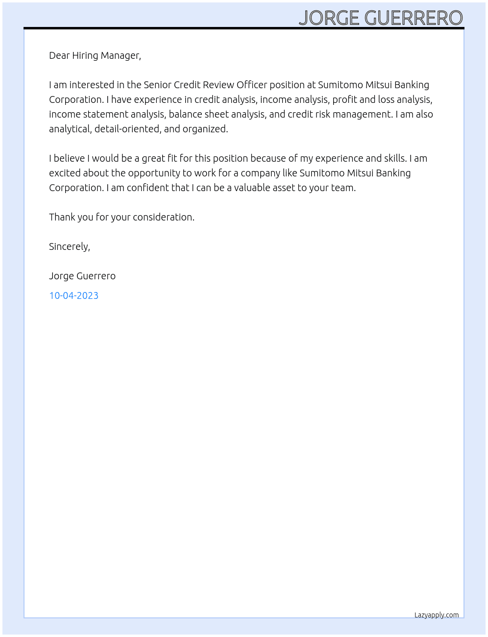 Senior Credit Review Officer At Sumitomo Mitsui Banking Corporation Cover Letter
