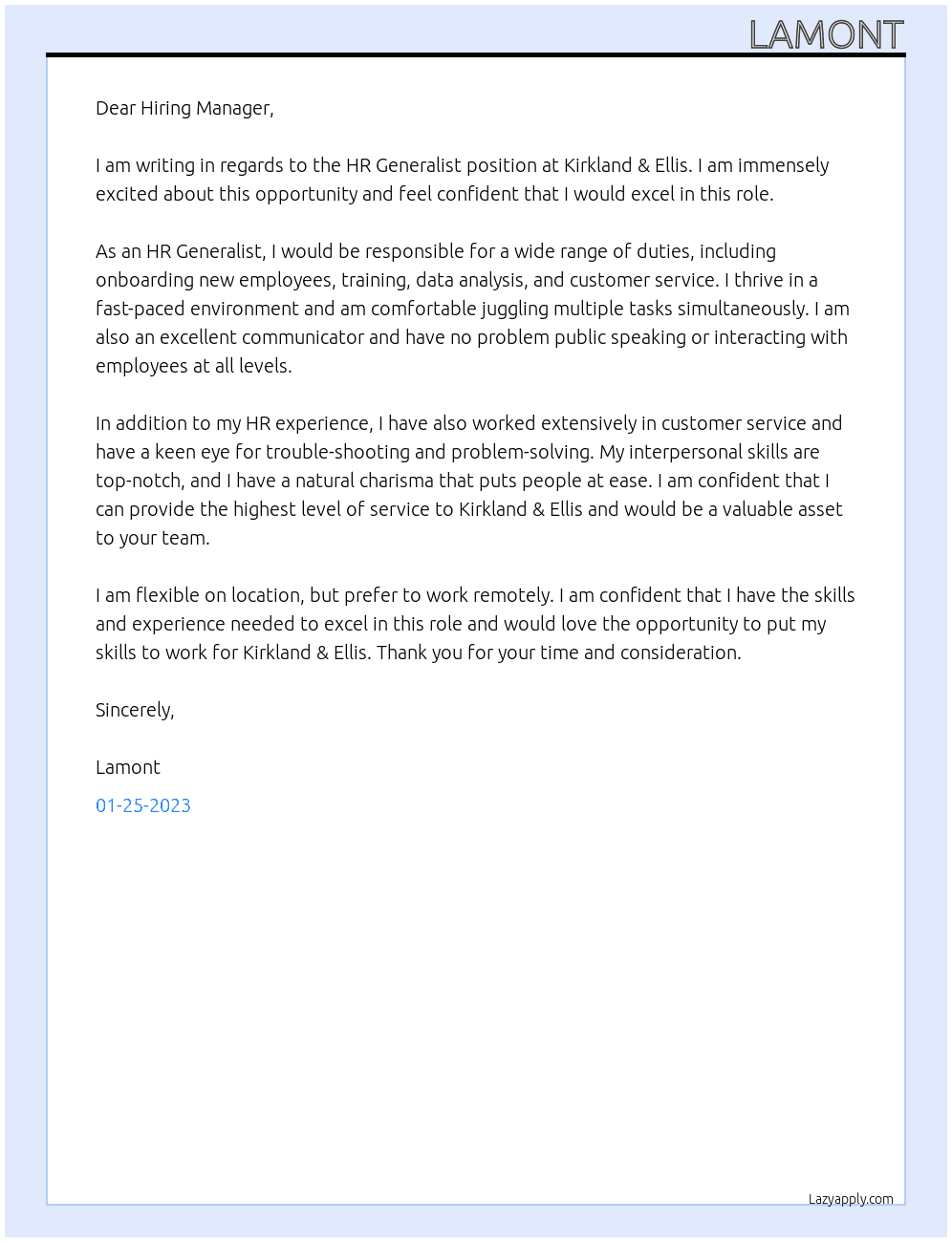 HR Generalist At Kirkland & Ellis Cover Letter