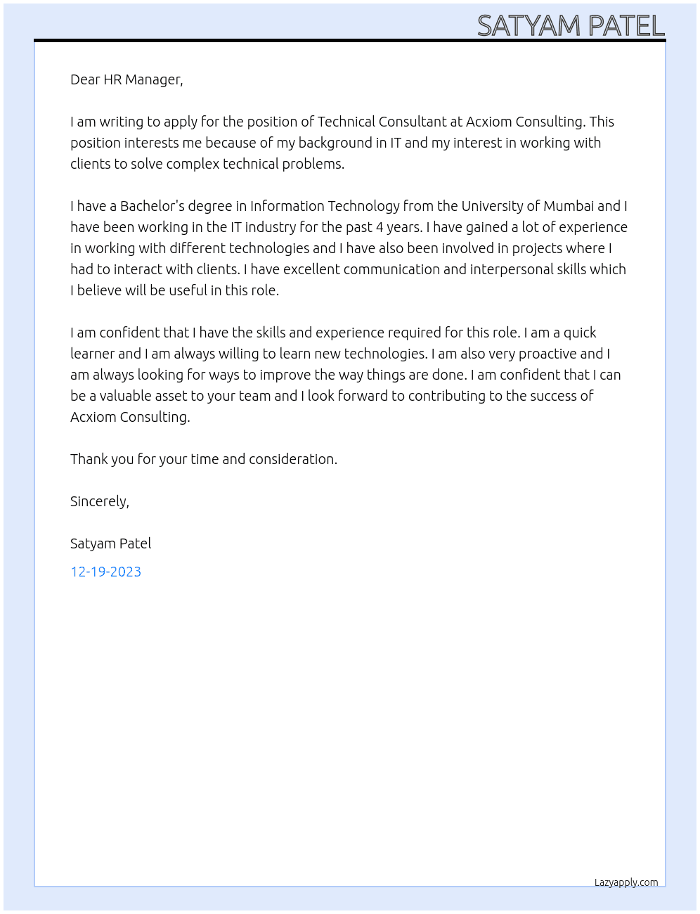 Technical consultant  At Acxiom Consulting Cover Letter