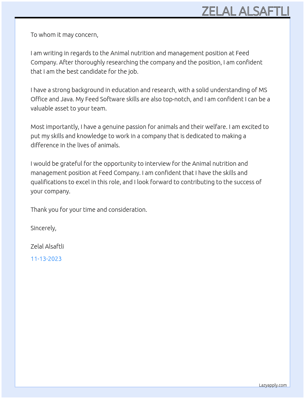 Animal nutrition and management At Feed Company  Cover Letter