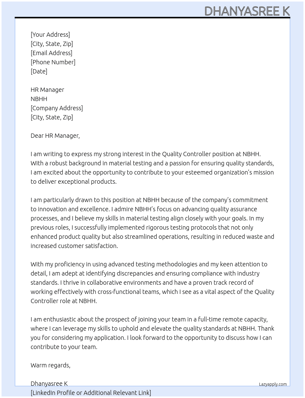 Quality Controller  At NBHH Cover Letter