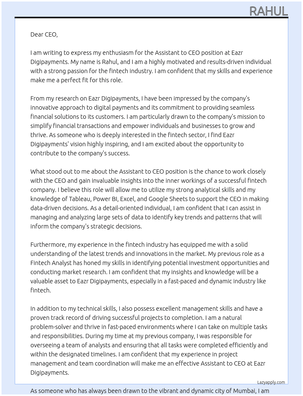 Assistant to CEO At Eazr Digipayments Cover Letter