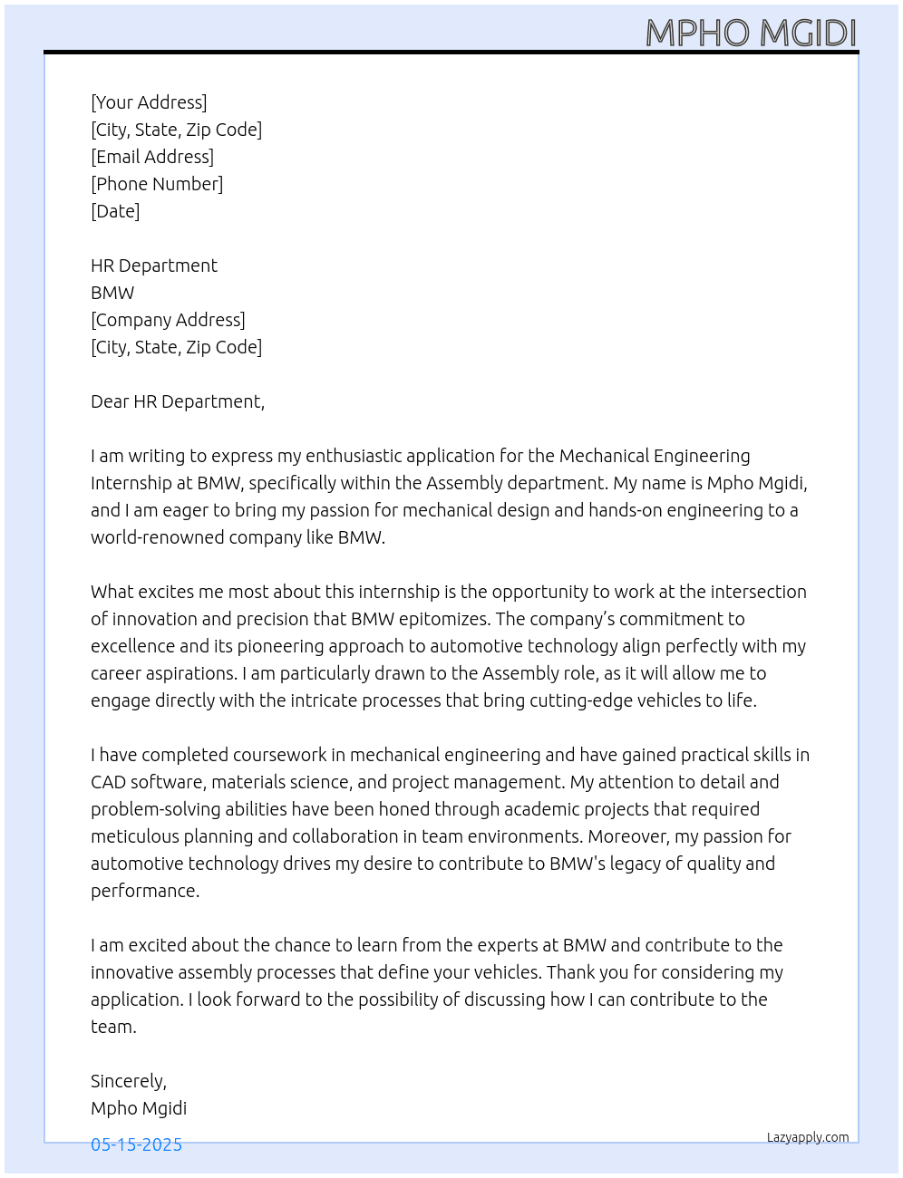 Mechanical e At Bmw Cover Letter